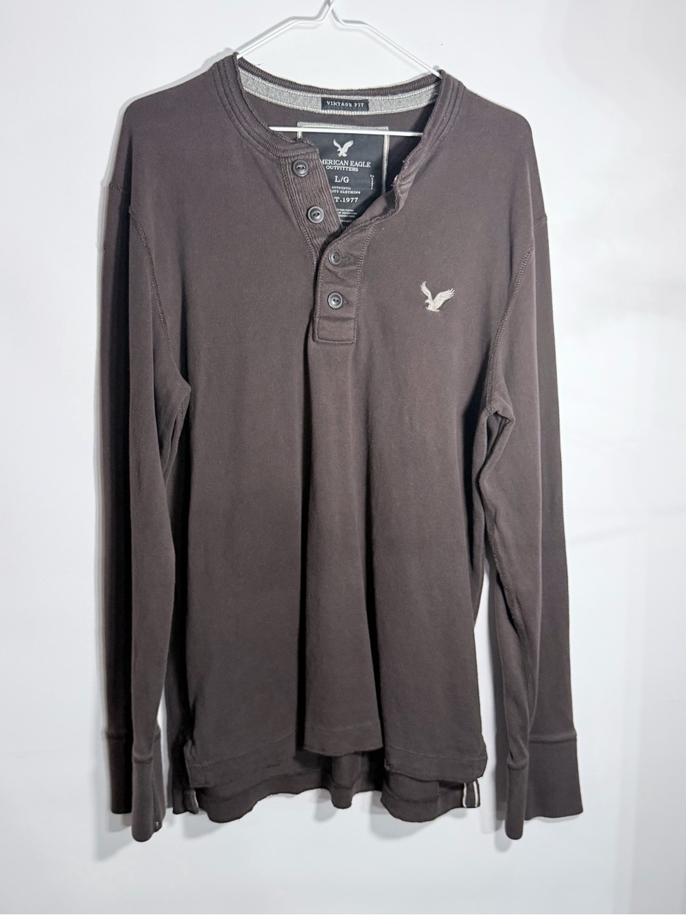 American Eagle Outfitters Men’s Black Long-Sleeve Henley with Silver Logo